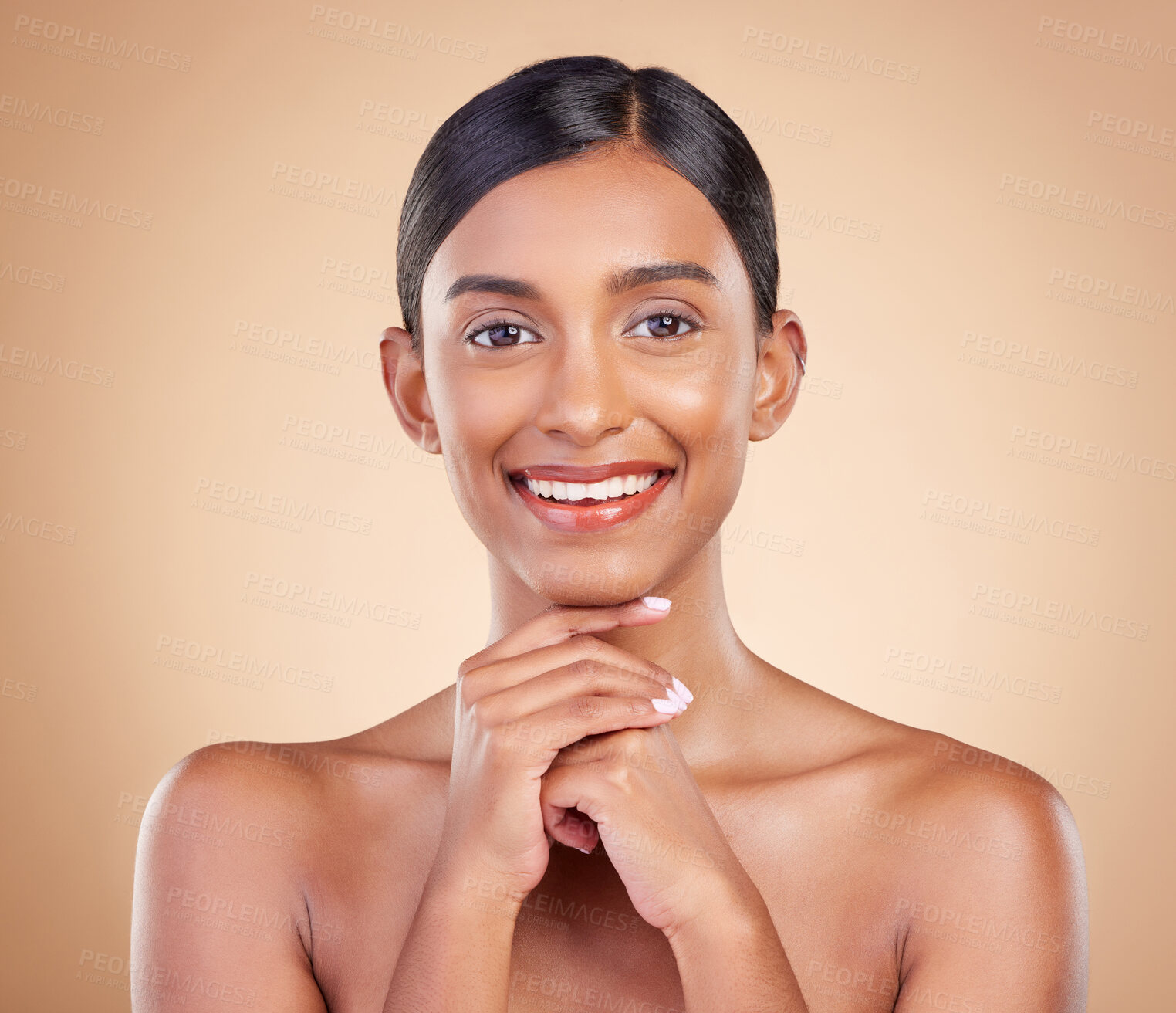 Buy stock photo Indian model woman, studio and skincare for makeup, beauty treatment and happy for healthy cosmetics by background. Gen z girl, young asian or portrait with cosmetic wellness, skin glow and aesthetic