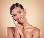 Indian woman, studio and beauty with smile, makeup and skincare with sleep hand sign by brown background. Gen z model girl, young asian and hands to rest for cosmetic wellness, skin glow or aesthetic