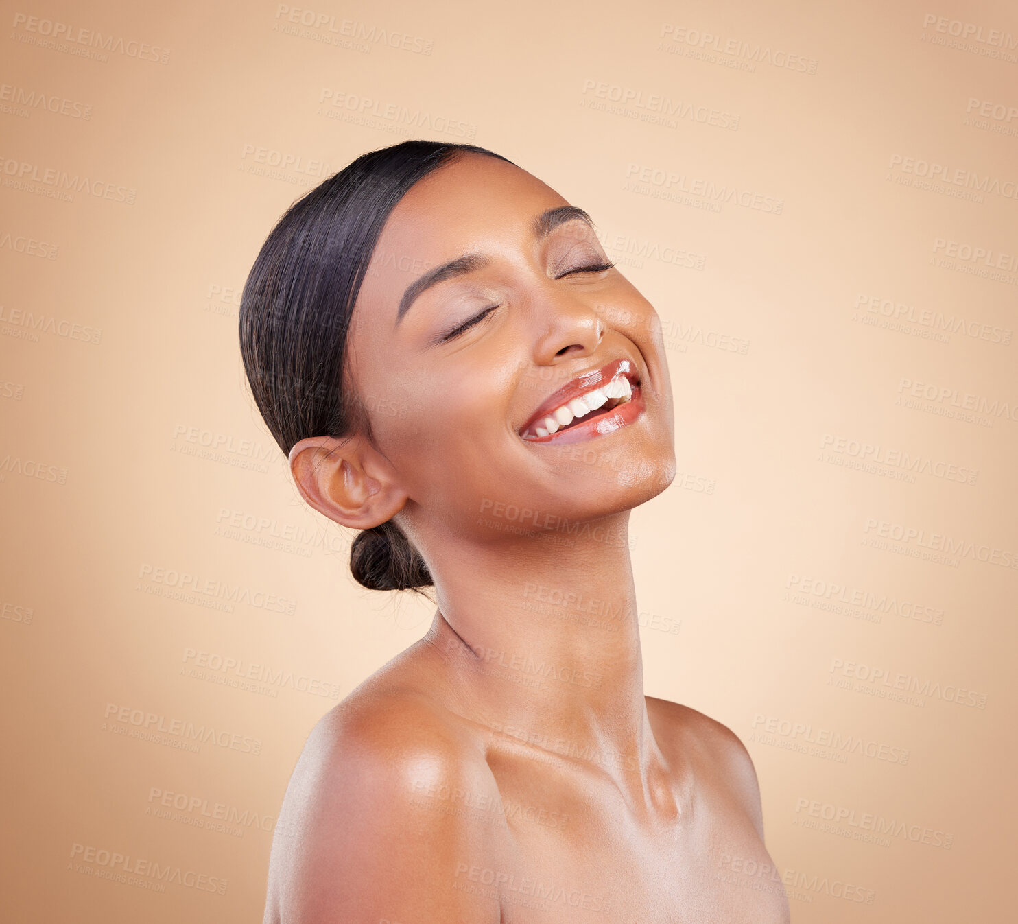 Buy stock photo Woman, smile and face in beauty skincare cosmetics or makeup against a studio background. Happy relaxed female model smiling in happiness and satisfaction for perfect skin, self love or facial care