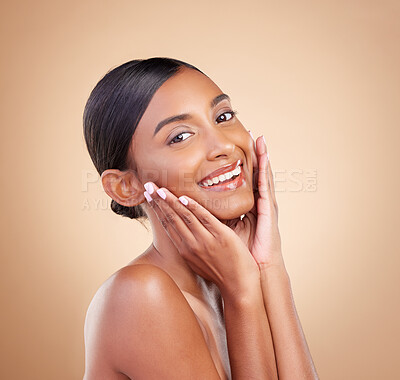 Buy stock photo Portrait, beauty and a happy model woman in studio on a beige background for natural skincare. Face, smile and aesthetic with an attractive young female posing for cosmetics or luxury wellness