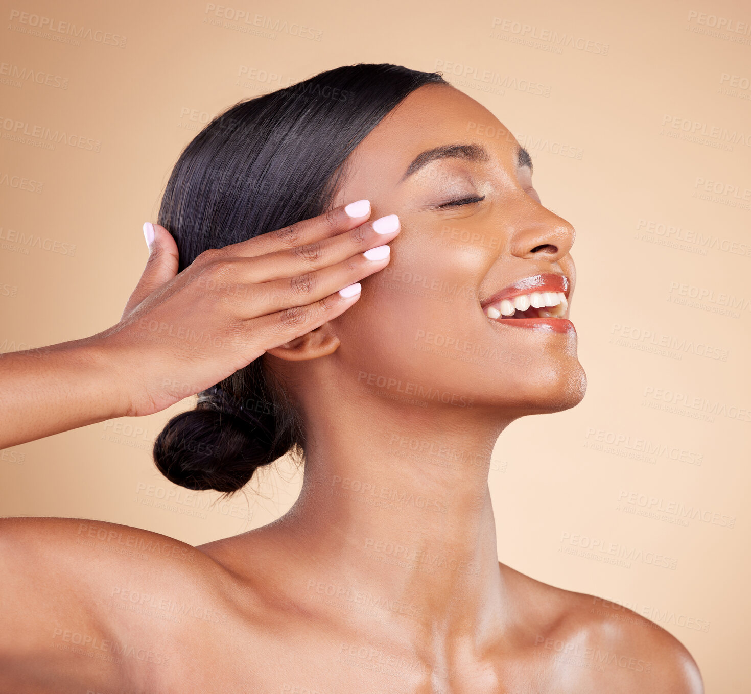 Buy stock photo Beauty, hands on face and skin of a woman in studio for skincare, dermatology and cosmetics. Happy Indian female model with smile and  self care facial glow or shine profile on brown background