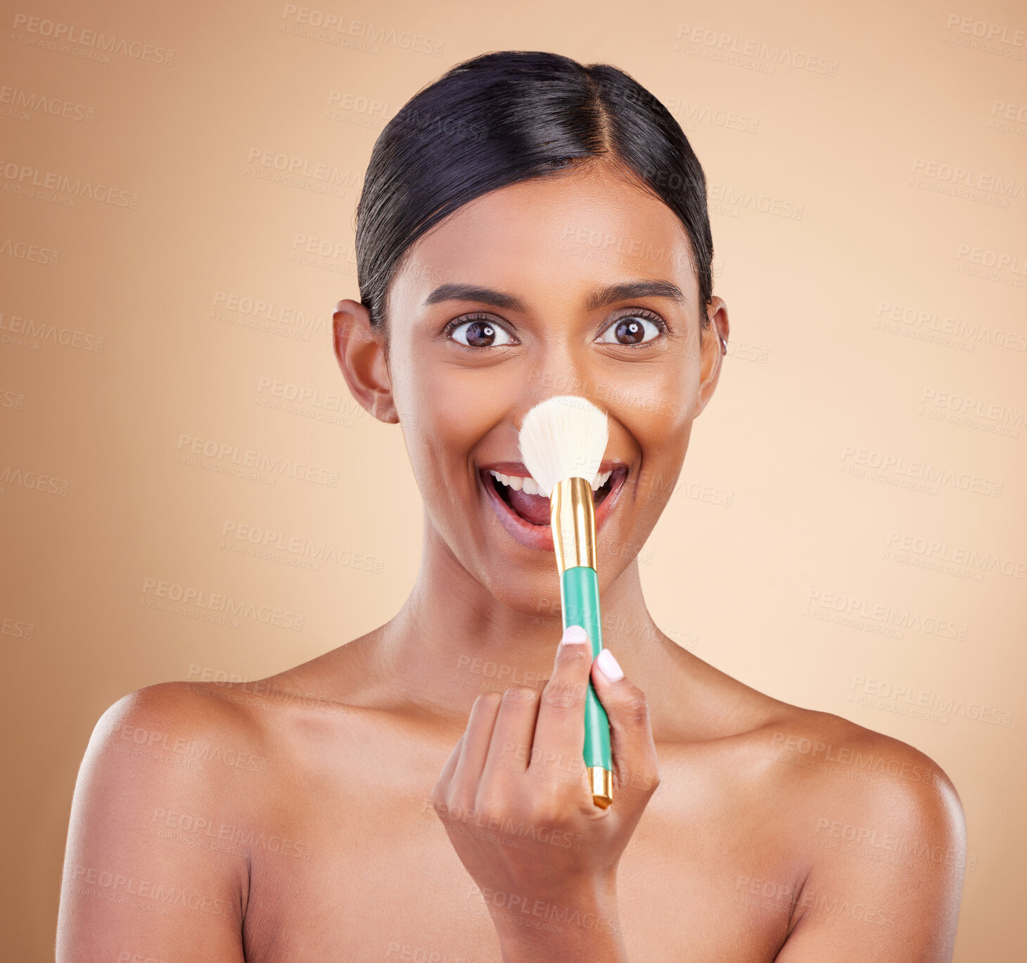 Buy stock photo Portrait of woman, funny or makeup brush for beauty, cosmetic beauty or self care in studio background. Happy, model face or crazy eyes of Indian girl with cosmetics brush, skincare or application 