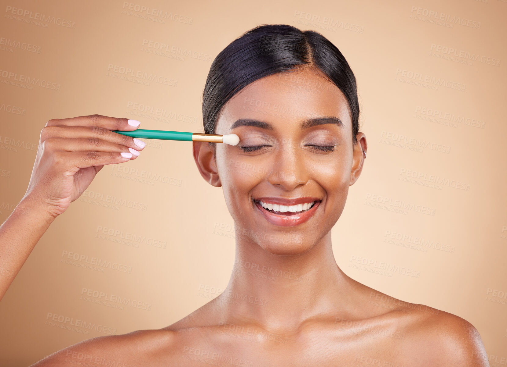 Buy stock photo Makeup brush, eyes closed or happy woman with beauty, facial products or luxury self care on studio background. Model face or young Indian girl with eyeshadow cosmetics, glowing skincare or smile 