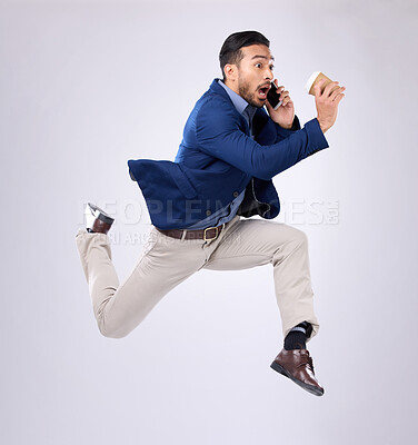 Buy stock photo Phone call, rush and late with a business man on white background in studio running to an appointment. Conversation, coffee and hurry with a male employee sprinting fast to keep a schedule