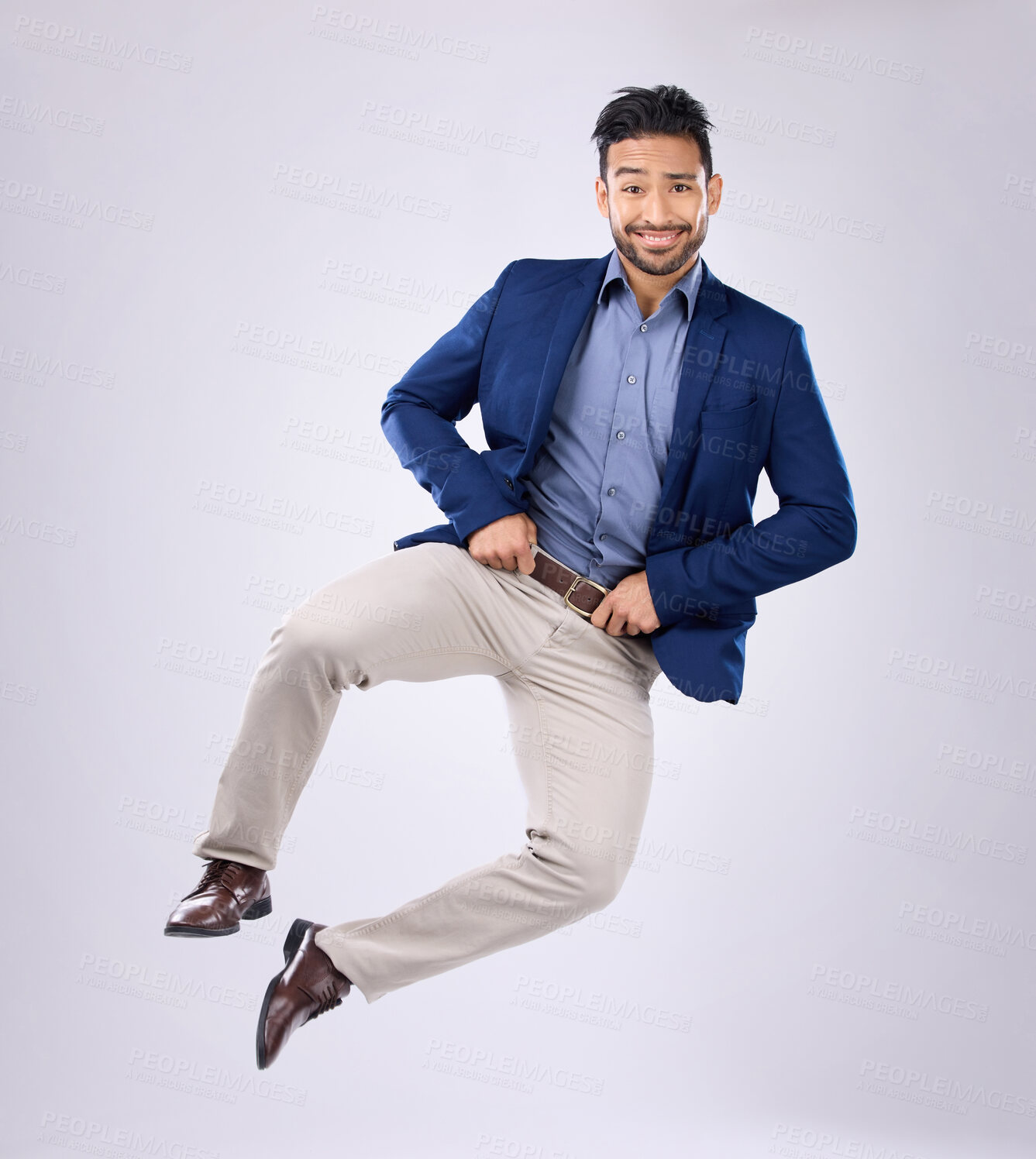 Buy stock photo Happy, crazy and portrait of an Asian man jumping isolated on a white background in a studio. Excited, smile and a Japanese businessman in the air for excitement and clicking heels on a backdrop