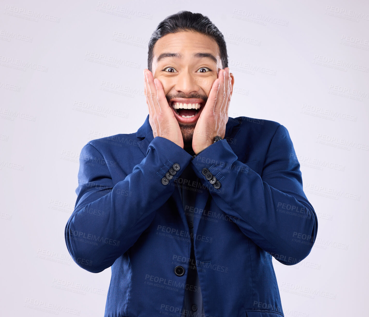 Buy stock photo Surprise, excited and portrait of man in studio with omg, happiness and good news on white background. Winner, wow mockup and isolated happy male with hands on face for winning, smile and success