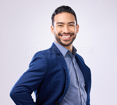 Buy stock photo Happy, smile and portrait of a businessman in studio with a confident, proud and positive mindset. Happiness, excited and professional male employee from India standing with pride by gray background.