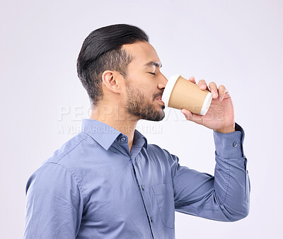 Buy stock photo Coffee, morning and businessman in a studio drinking a cappuccino before his corporate job. Professional, caffeine and male employee enjoying an espresso in takeaway cup isolated by gray background.