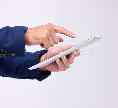 Buy stock photo Tablet, hands and man online in studio for communication with network connection on social media. Business male typing an internet search, mobile app and email chat with contact on white background