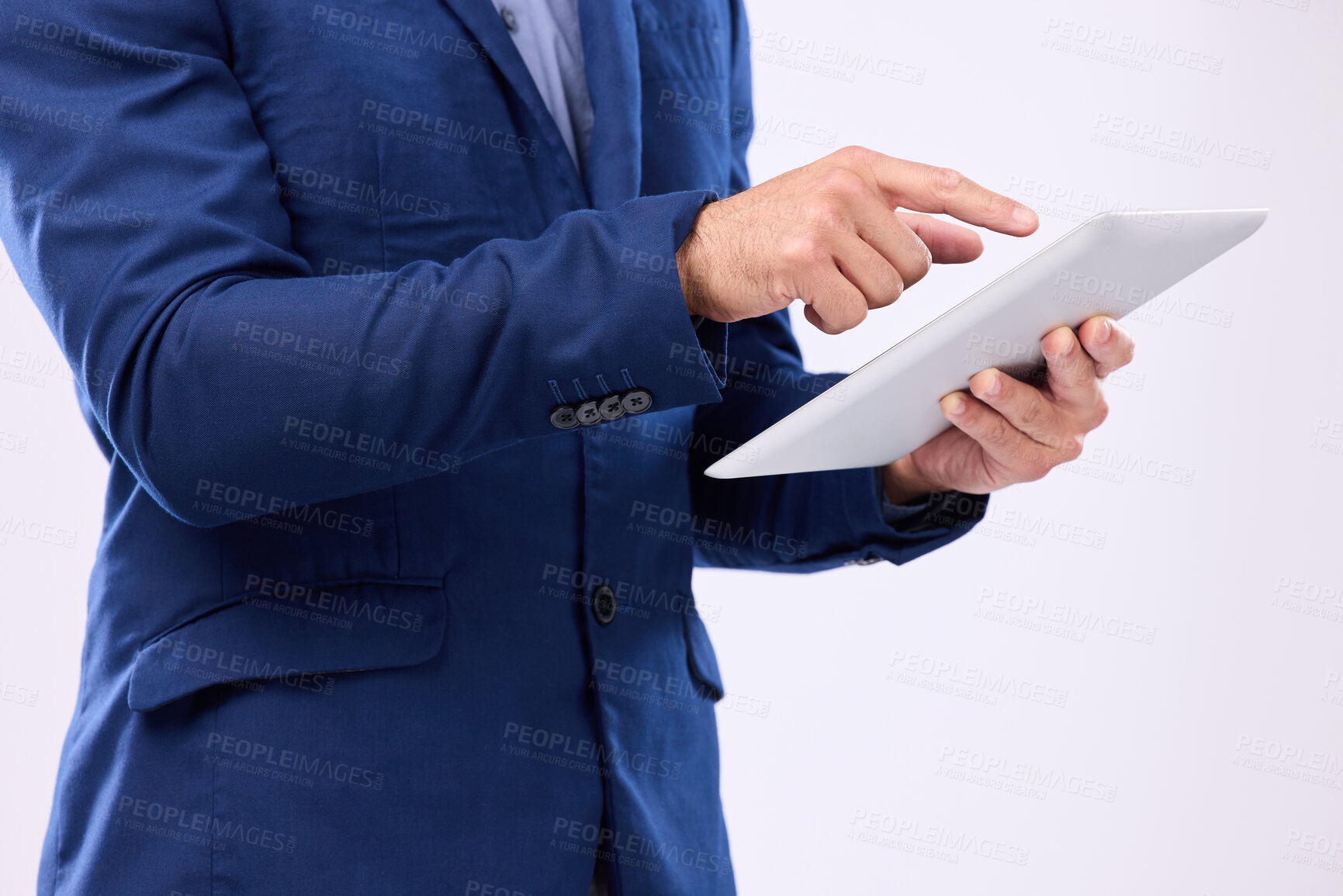 Buy stock photo Business man, tablet in hands and in studio for communication with network connection on social media. Hand of male typing internet search, mobile app and online contact chat on isolated background 