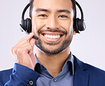 Call center portrait of happy man isolated on a white background in headset for telecom or global support. Face of international agent, consultant or salesman business person virtual career in studio