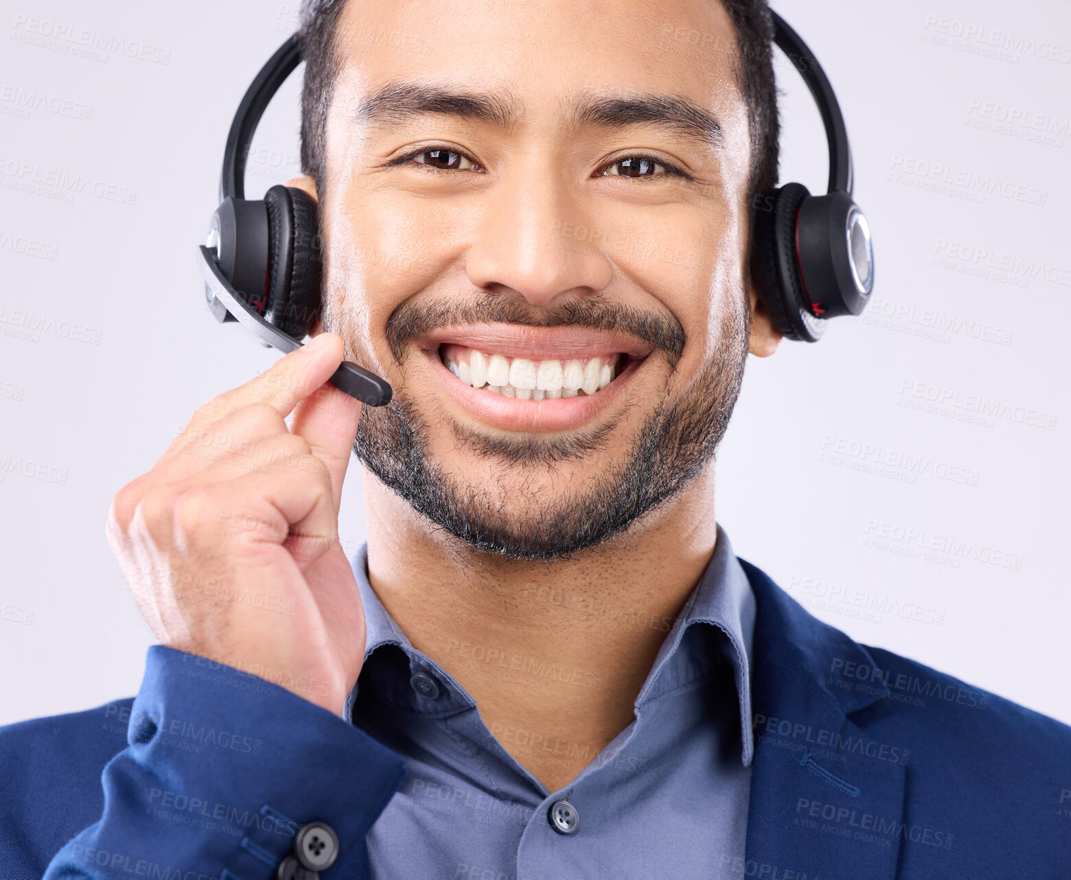 Buy stock photo Call center portrait of happy man isolated on a white background in headset for telecom or global support. Face of international agent, consultant or salesman business person virtual career in studio