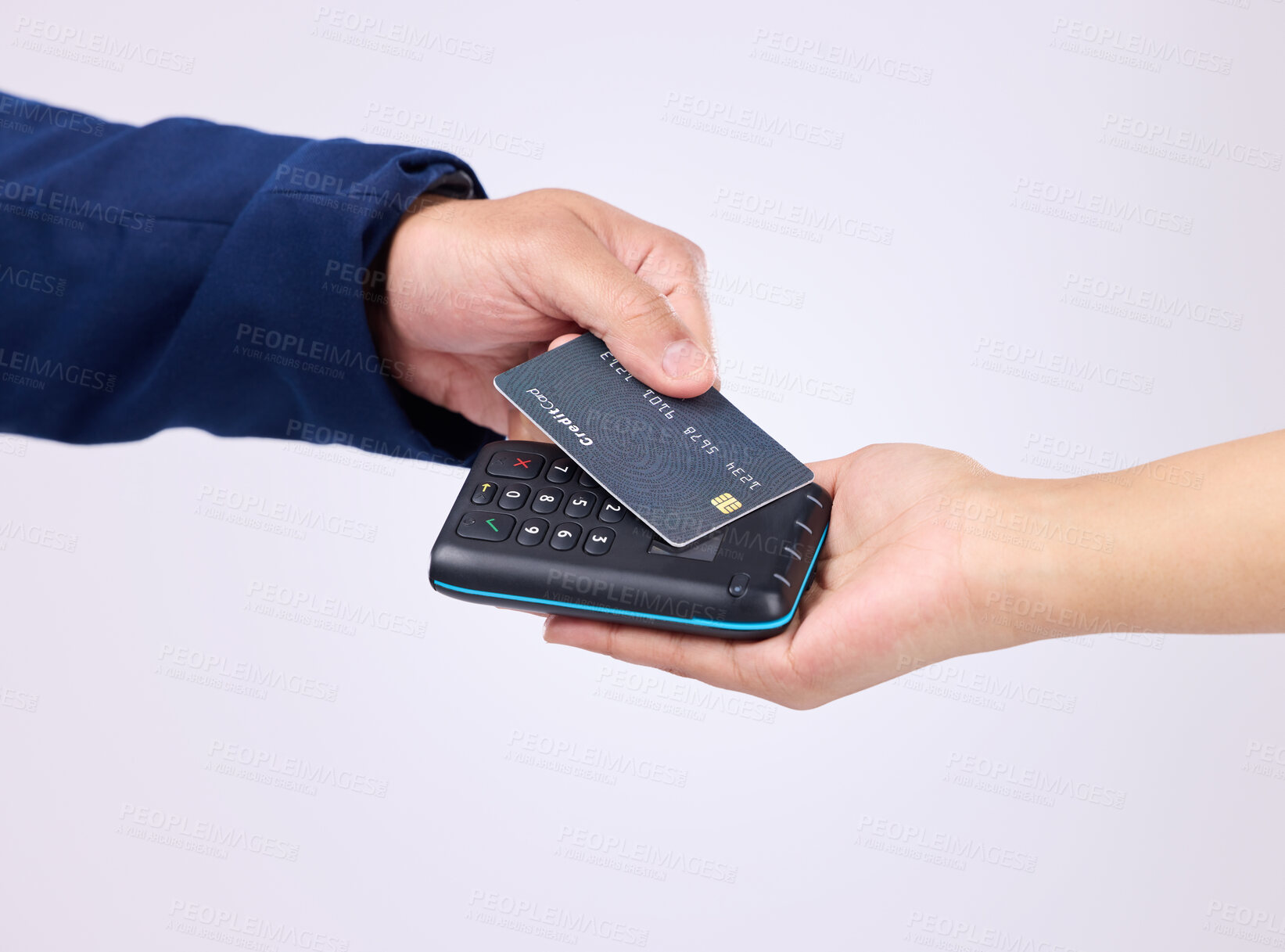 Buy stock photo Credit card, machine and people hands isolated on a white background of ecommerce transaction or fintech payment. Banking connection, finance pos and retail b2c, customer or business person in studio
