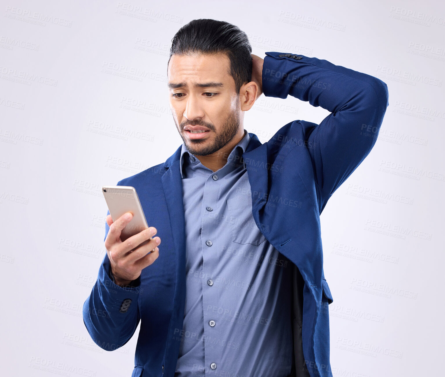 Buy stock photo Business, employee and Asian man with smartphone, stress and connection issue against grey studio background. Male consultant, agent and ceo with cellphone, problems and financial crisis with startup