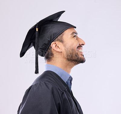 Buy stock photo University, graduation and man with success, knowledge and guy against a grey studio background. Male graduate, academic and student with robe, cap and education with development, learning and smile