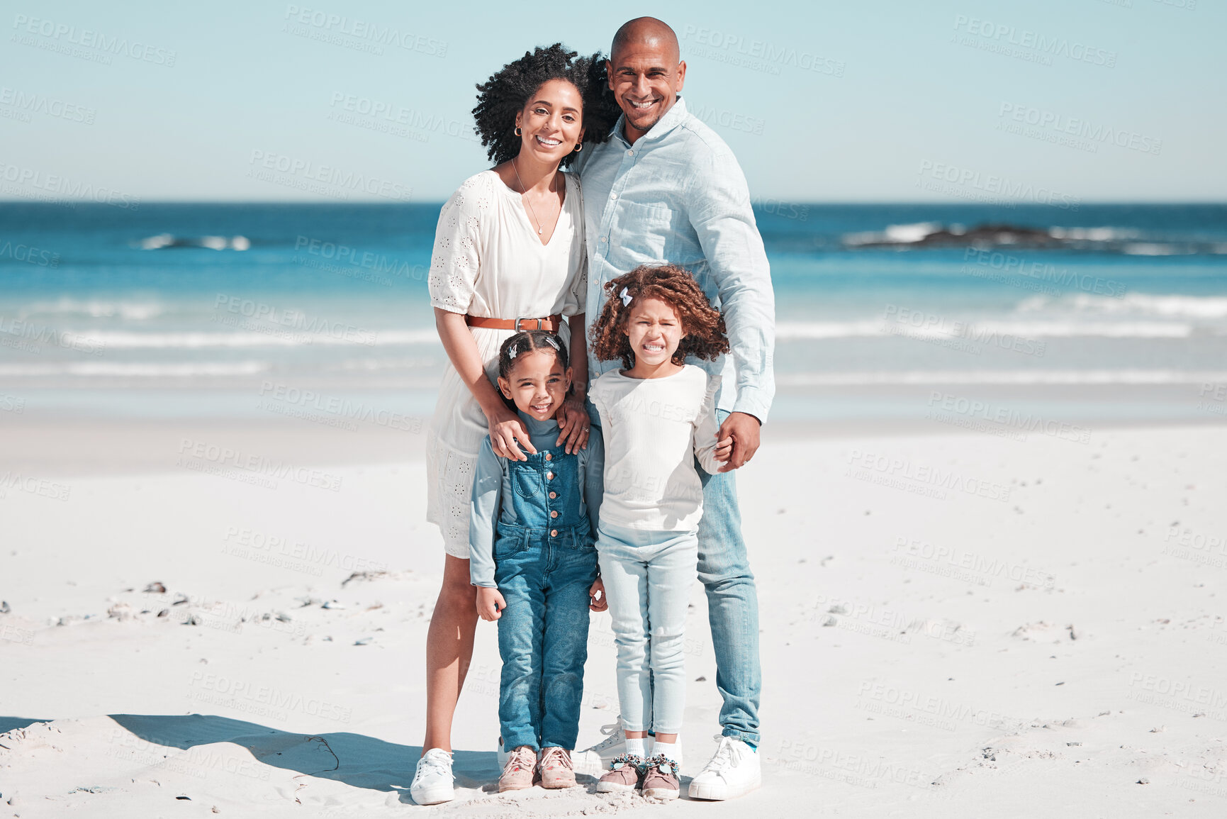 Buy stock photo Portrait, family and children on beach, vacation and summer break with happiness, cheerful and loving. Face, parents and children on seaside holiday, getaway and smile for bonding, trip and joyful