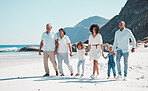 Beach, grandparents and children walking with parents to relax on summer holiday, vacation and weekend. Happy family, travel and mother, dad and kids holding hands for fun, bonding and quality time