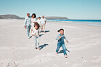 Family, beach and happy kids running in sand, playful and having fun while bonding outdoors. Face, children and parents with grandparents on summer vacation at sea on ocean trip in South Africa
