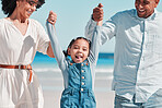 Mother, father and girl play by the beach for relax on summer holiday, vacation and weekend in nature. Happy family, parents and portrait of child with mom and dad for swing, bonding and quality time