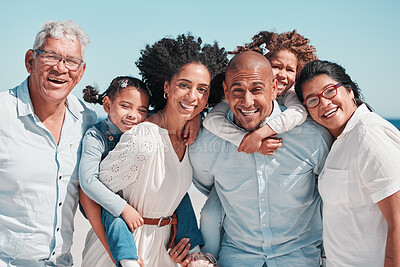 Buy stock photo Portrait, big family and smile at beach on vacation, bonding and care outdoors. Holiday relax, summer trip and happy father, mother and children, girls and grandparents enjoying quality time together