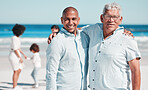 Beach, portrait and senior man with his son while on a summer family vacation, adventure or holiday. Travel, happy and elderly male in retirement with his adult child on tropical seaside weekend trip