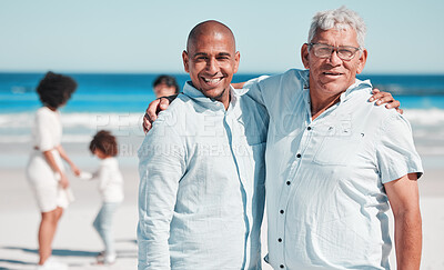 Buy stock photo Beach, portrait and senior man with his son while on a summer family vacation, adventure or holiday. Travel, happy and elderly male in retirement with his adult child on tropical seaside weekend trip