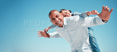 Buy stock photo Portrait, father and kid piggyback on blue sky of summer vacation, holiday and freedom on mockup space. Below of happy family, dad and flying girl child in excited game, smile and support adventure