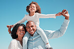 Smile, family and piggyback portrait on blue sky on vacation, bonding and care outdoors. Holiday relax, summer and happy father, mother and kid or girl enjoying quality time and playing together.