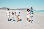 Beach, grandparents and children walking with parents to relax on summer holiday, vacation and weekend. Happy family, travel and mother, dad and kids holding hands for fun, bonding and quality time