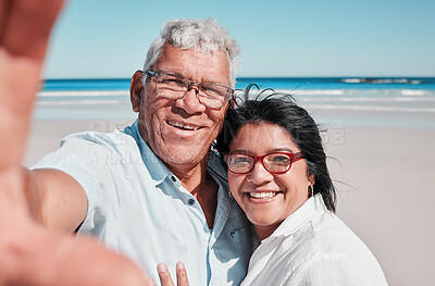 Buy stock photo Portrait, selfie and elderly couple at a beach for travel, vacation and bonding against ocean background. Face, love and seniors enjoying retirement, holiday and sea trip, photo and profile picture