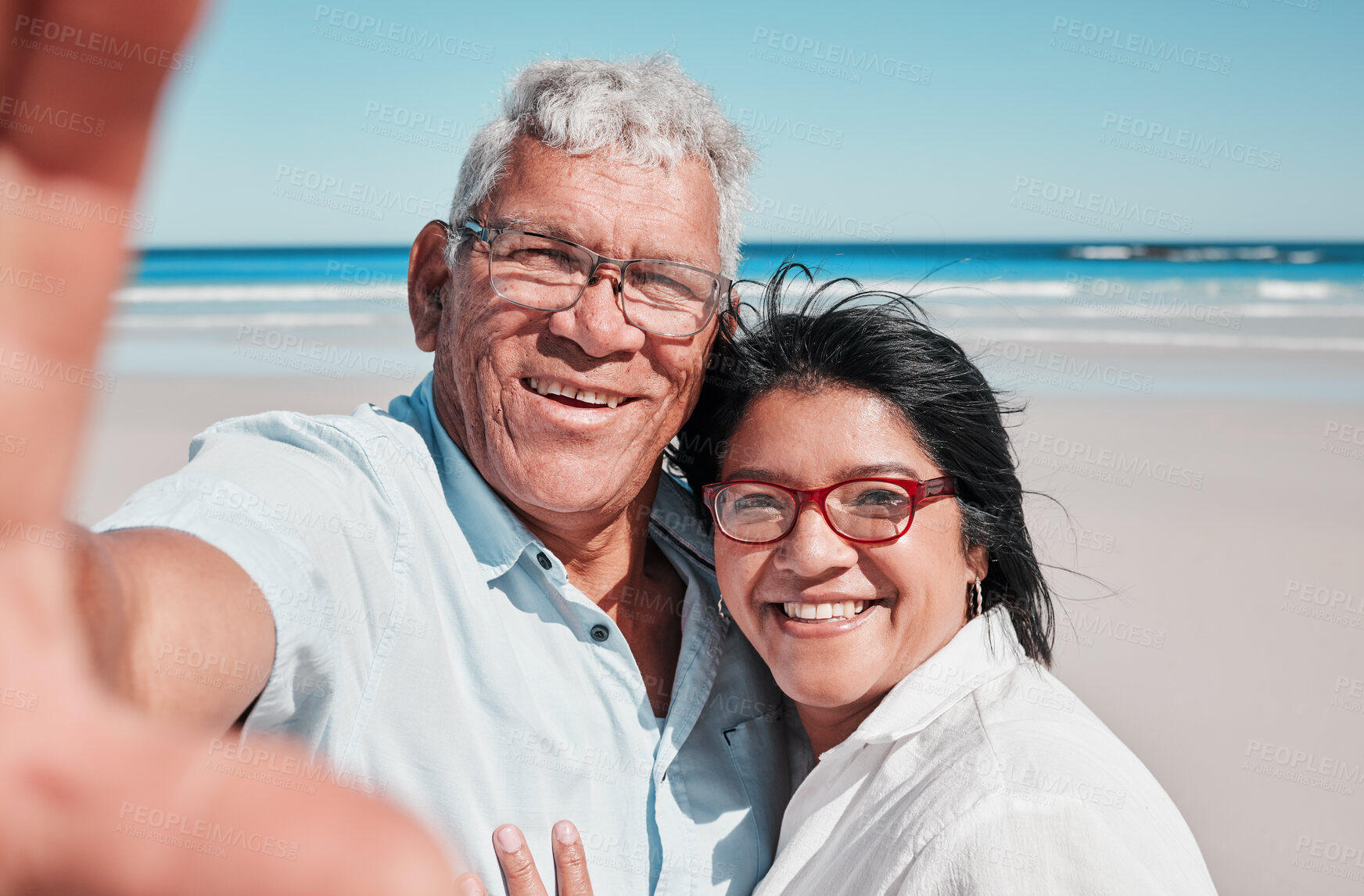 Buy stock photo Portrait, selfie and elderly couple at a beach for travel, vacation and bonding against ocean background. Face, love and seniors enjoying retirement, holiday and sea trip, photo and profile picture