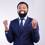 Yes, winner portrait and business black man isolated on gray background celebration for opportunity, bonus or winning. Happy person, fist pump and celebrate corporate promotion or job news in studio