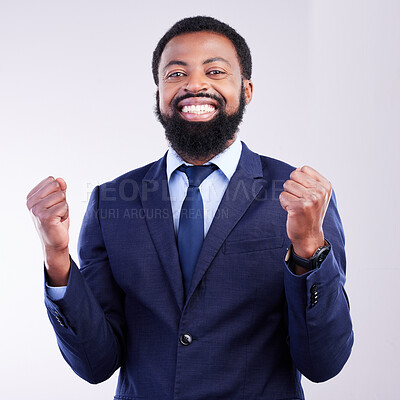 Buy stock photo Yes, winner portrait and business black man isolated on gray background celebration for opportunity, bonus or winning. Happy person, fist pump and celebrate corporate promotion or job news in studio