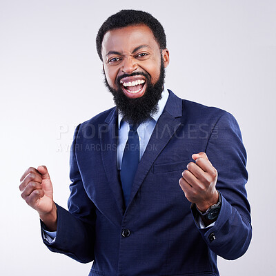 Buy stock photo Yes, winner face and business black man isolated on gray background in celebration for opportunity, bonus or winning. Happy person, fist pump and celebrate corporate promotion or job news in studio