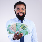 Finance, money and portrait of black man in studio for winner, investment and wealthy. Success, payment and profit with male holding cash isolated on white background for cashback, salary and rich