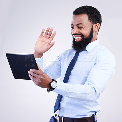 Buy stock photo Tablet, video call and man isolated on gray background in online meeting, global networking and business webinar. African corporate person waves hello on digital tech, virtual communication in studio