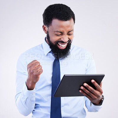 Buy stock photo Winning, tablet and black man isolated on gray background stock market, trading or business bonus, news and success fist pump. Happy person or winner sales, profit or goals on digital tech in studio