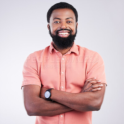 Buy stock photo Happy, arms crossed and portrait of black man in studio for confidence, positive and laughing. Funny, carefree and happiness with male isolated on gray background for cheerful, achievement and pride