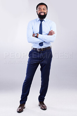 Buy stock photo Portrait, success and black man with arms crossed, employee and happiness against a studio background. Face, African American male entrepreneur and consultant with skills, management and leadership