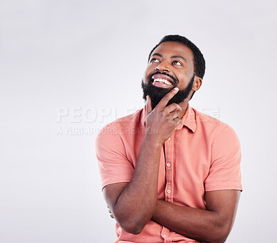 Buy stock photo Thinking, mockup space and face of black man with hand gesture for brainstorming, ideas and thoughtful. Happy, smile and male on white background pose for choice, decision and wondering in studio