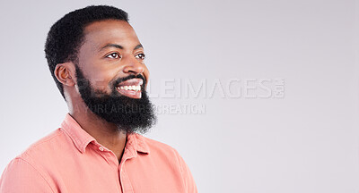 Buy stock photo Mockup, success and black man with smile, vision and motivation against grey studio background. African American male, happy guy and young person with happiness, casual and cheerful with inspiration