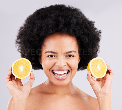 Buy stock photo Skincare, portrait and orange by black woman in studio for vitamin c, wellness or skin detox on grey background. Face, fruit and girl model excited for citrus treatment, cosmetics or beauty routine
