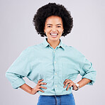 Happy, smile and portrait of black woman in studio for confidence, positive and empowerment. Happiness, funny and elegant with face of female isolated on gray background for young, excited and pride