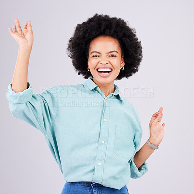 Buy stock photo Black woman, ok hands and studio portrait for peace, cheerful and zen pose for happiness by gray background. Young model, girl and hand sign with smile, afro or excited face in comic for happy moment