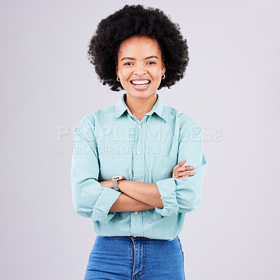 Buy stock photo Smile, arms crossed and portrait of black woman in studio for confidence, positive and empowerment. Happiness, funny and elegant with female isolated on white background for young, excited and pride