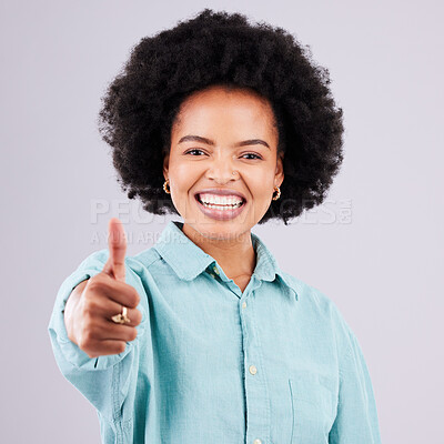 Buy stock photo Thumbs up, face portrait and happy black woman with emoji gesture for congratulations, job well done or winner. Agreement, finished and studio with yes hand sign for success on white background
