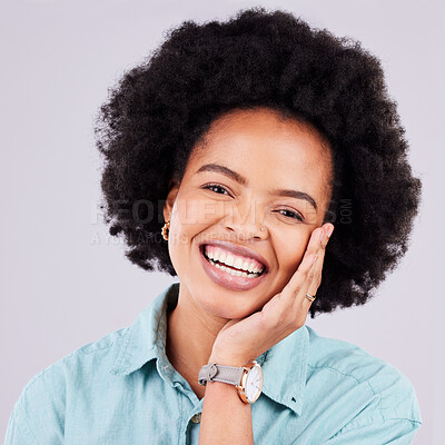 Buy stock photo Studio, face portrait and afro black woman with beauty makeup, luxury cosmetics or facial skincare glow. Natural dermatology health, spa salon and happy aesthetic person isolated on grey background