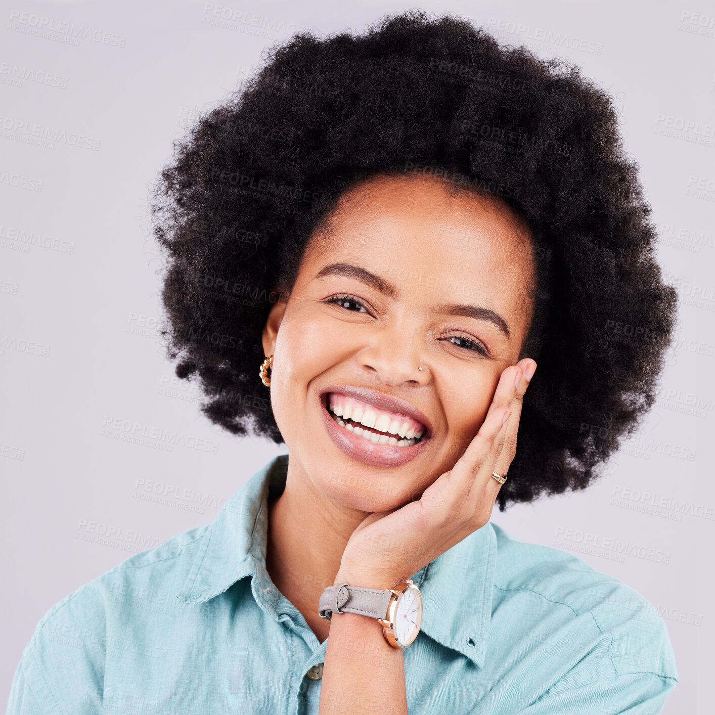 Buy stock photo Studio, face portrait and afro black woman with beauty makeup, luxury cosmetics or facial skincare glow. Natural dermatology health, spa salon and happy aesthetic person isolated on grey background
