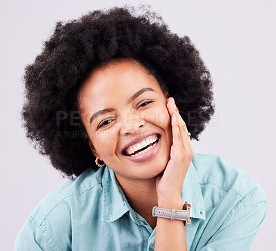 Buy stock photo Skincare, face portrait and afro black woman with studio makeup, luxury cosmetics or facial beauty glow. Natural dermatology health, spa salon and happy aesthetic person isolated on grey background