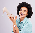 High heel shoe, portrait of black woman with luxury sales product and retail designer fashion deal or mall store present. Shoes for sale, face of happy customer and shopping discount and gray background in studio for commerce